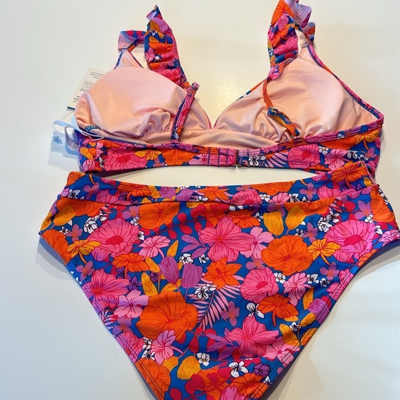 CUPSHE Bikini 2 Piece Swimsuit High Waisted Bottom Floral Print Ruffle V Neck L - Picture 9 of 12